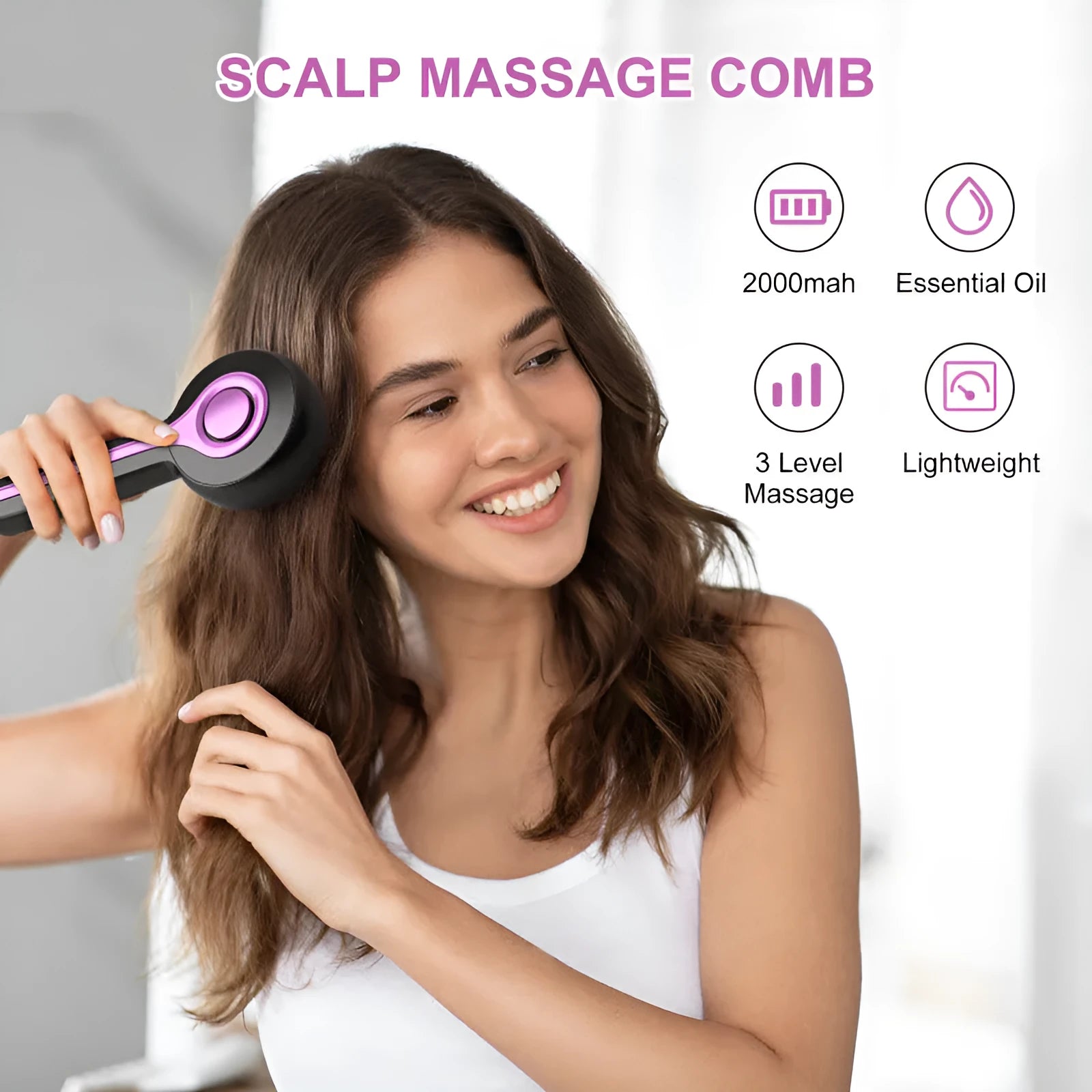 USB rechargeable electric head massager comb in black, grey or red with two-speed control.