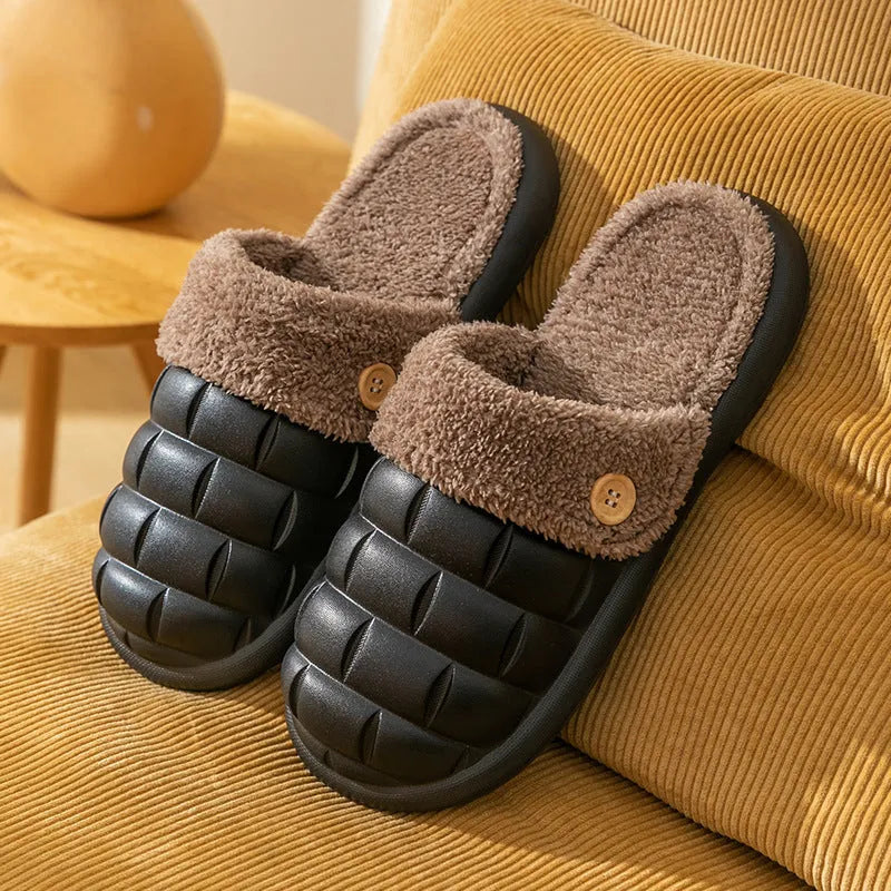 Plaid detachable slippers showing EVA construction and plush lining in pink, green, yellow, white, grey, or black.