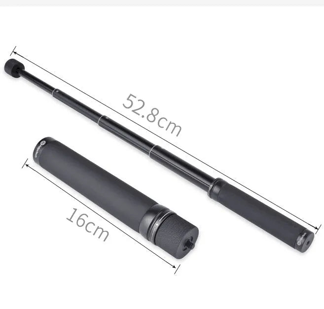 Black retractable selfie stick extended with smartphone mounted in adjustable holder