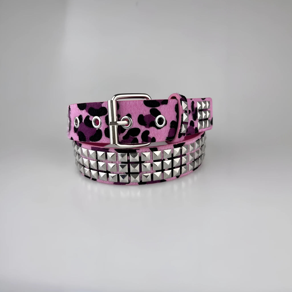 Women's brown leopard print punk belt with metal pyramid studs and an alloy buckle.