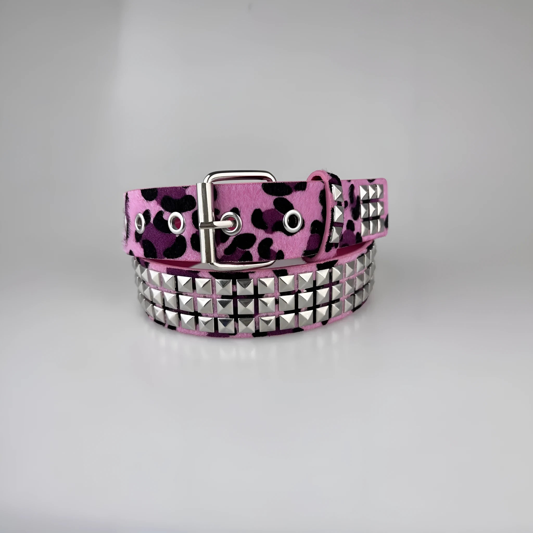 Women's brown leopard print punk belt with metal pyramid studs and an alloy buckle.