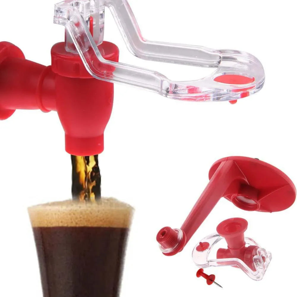 Red plastic Magic Tap soda dispenser attached to an inverted 2-litre bottle for serving fizzy drinks
