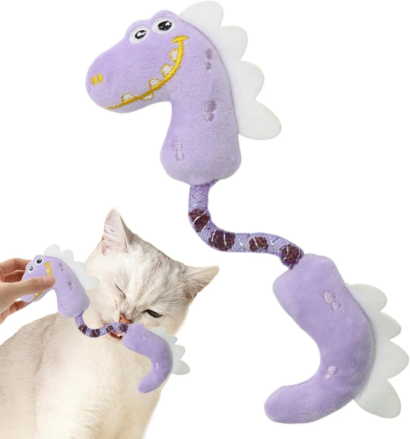 Set of four cat toys: plush fish, mouse, bunny, and a catnip rope on a pink background.