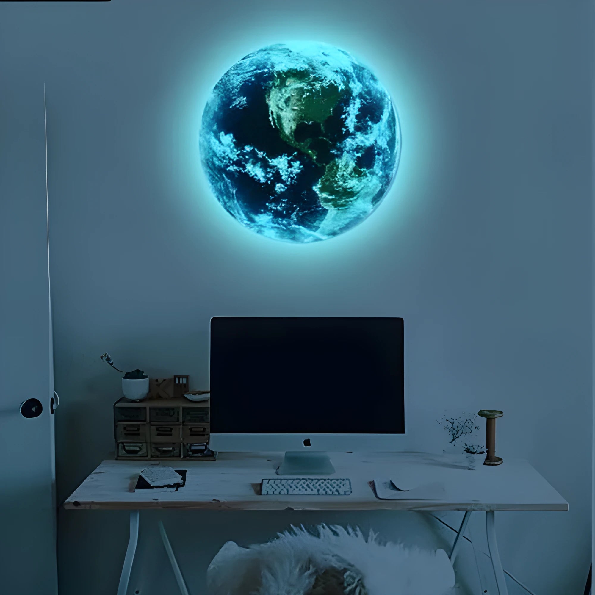 Glow in the dark 3D Earth planet wall sticker showing luminous effect in darkness