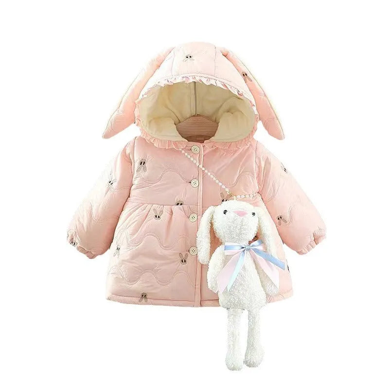 Girls thickened polyester padded winter coat zip-up pink cartoon Korean style for heights 73-100cm