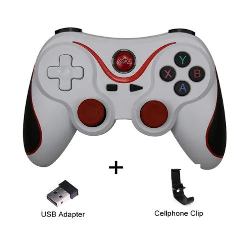 Black X3 Bluetooth wireless game controller with attached phone clip for Android smartphones