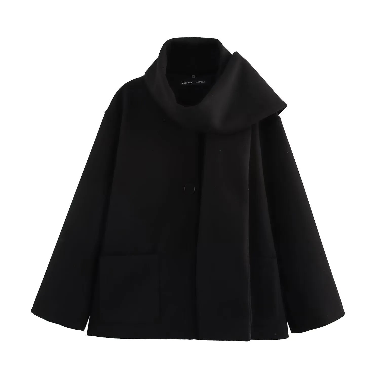 Women's long grey polyester coat with a thick artificial fur collar and pockets.