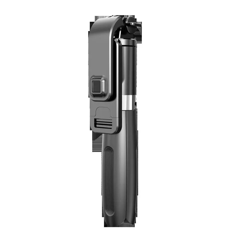 Black extendable Bluetooth selfie stick with tripod legs and wireless remote on a white background.