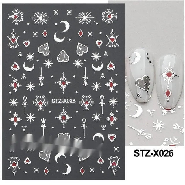 Sheet of black and silver love heart pattern nail art stickers with a plastic nail patch.