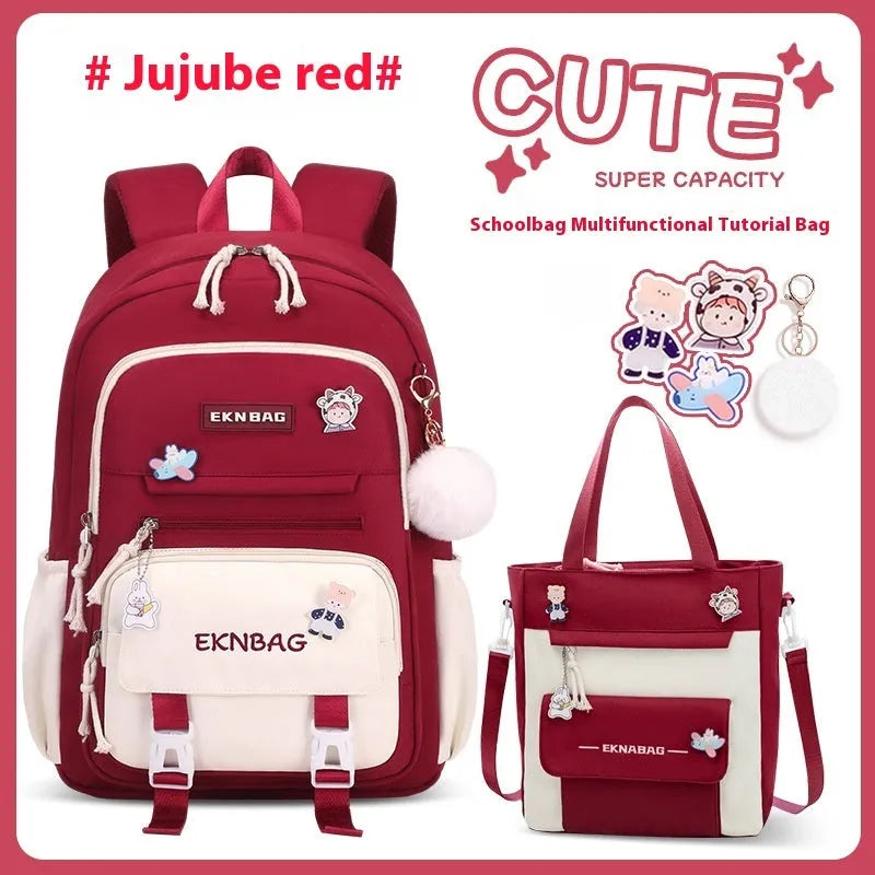 Girls waterproof Oxford cloth school backpack with curved straps and spine protection in solid colours for grade 5-6 students