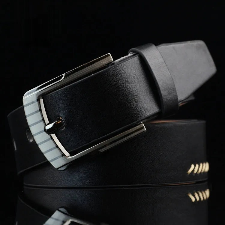 Men's brown retro pattern belt with a silver alloy pin buckle on a white background.
