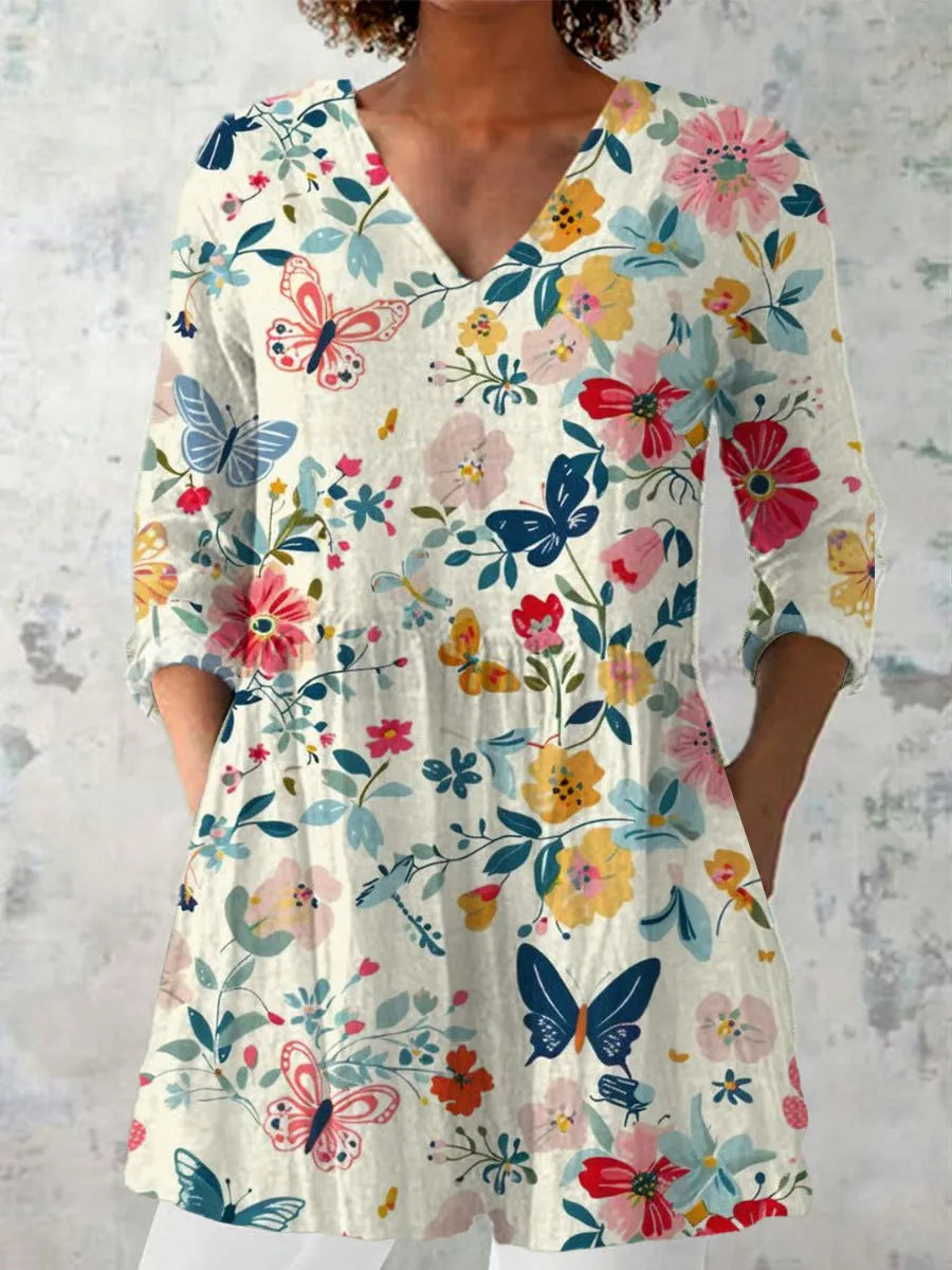 Women's retro slim fit printed long-sleeved polyester top on a hanger, showing digital print design.
