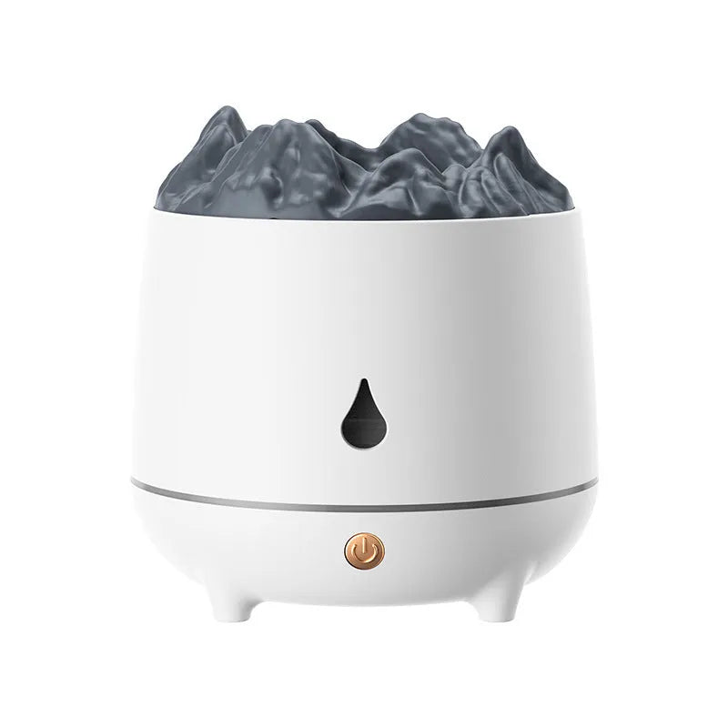 Volcano-shaped ultrasonic humidifier in black or white with USB cable