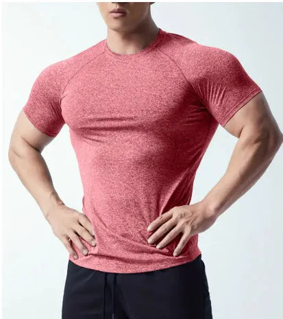 Men's cationic polyester running short sleeve top in green with tight stretch construction
