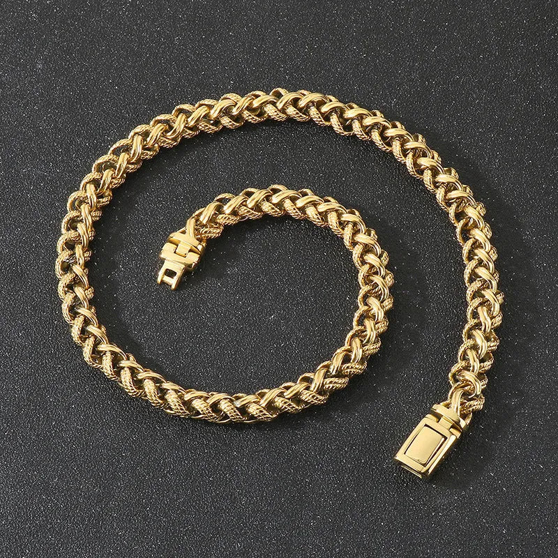 Men's antique silver titanium steel keel chain necklace with large hemp flower links on a grey background.