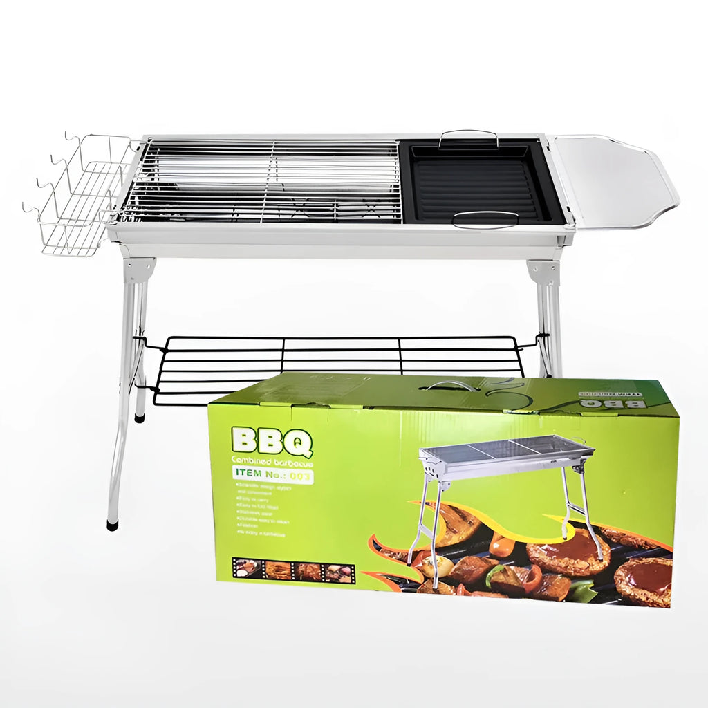 Large stainless steel flip-over barbecue oven with iron grills and charcoal trays for outdoor cooking
