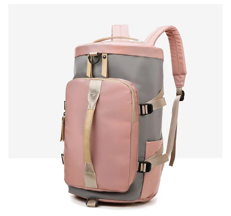 Black waterproof nylon backpack with combination lock, shown as a backpack and shoulder bag, featuring multiple pockets.
