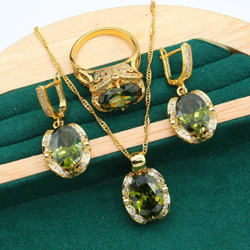 Full rhinestone zircon women's jewellery suit set with necklace, earrings, and ring in olive green or red.