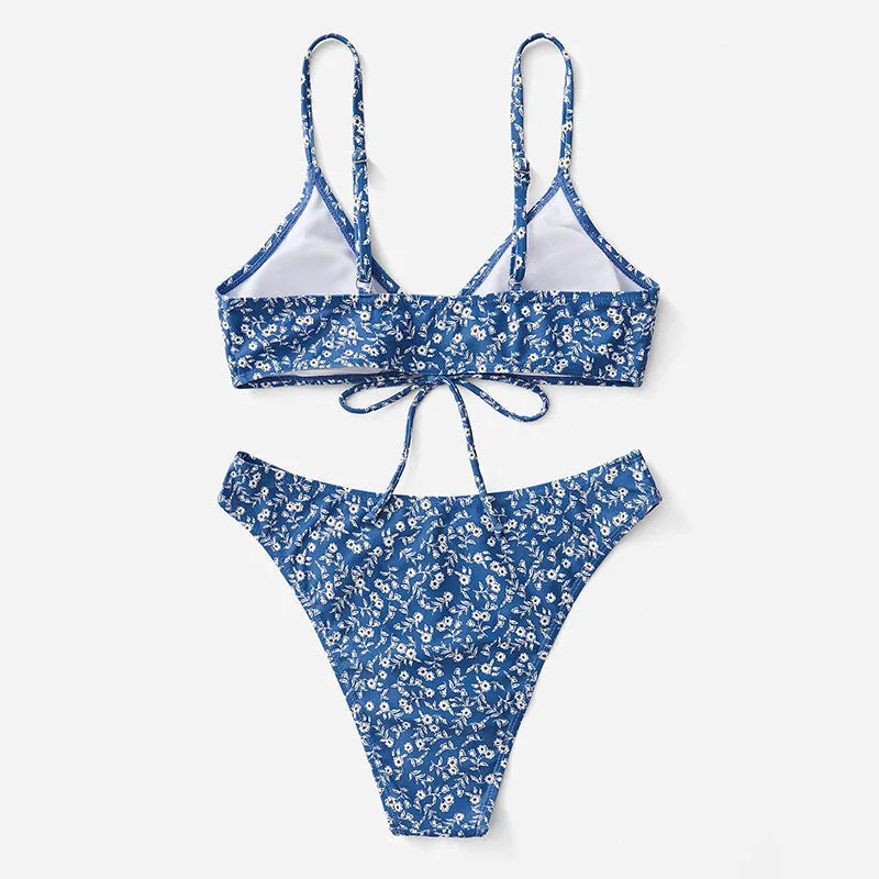 Blue polyester swimsuit three-piece set with matching top and shorts without steel rings