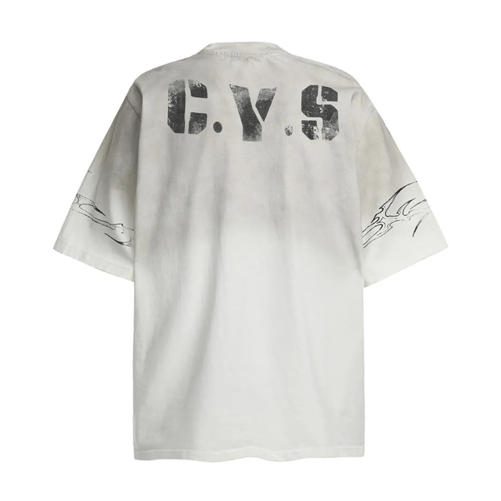 Men's black and white printed short-sleeve cotton T-shirt showing front design.
