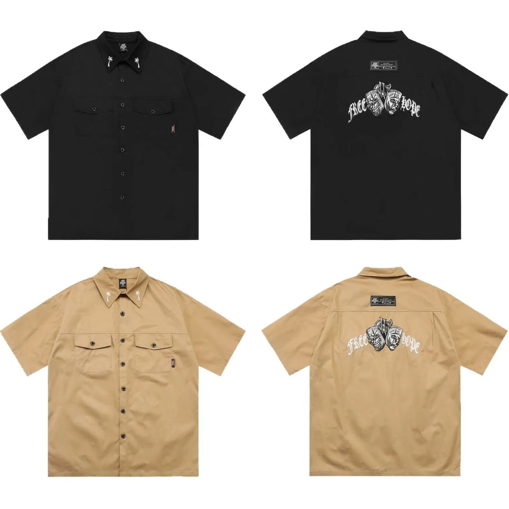 Men's black cotton blend half-sleeve loose fit shirt with embroidery