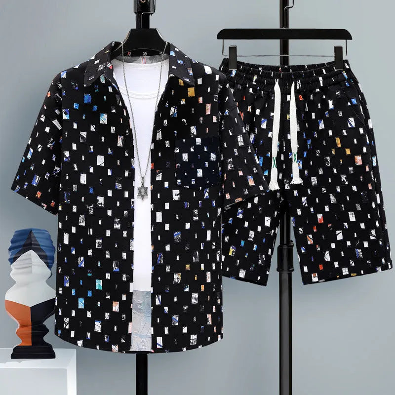 Men's casual two-piece shorts set in polyester, showing short-sleeve top and matching shorts.