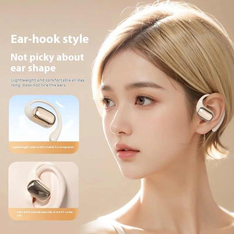 Ear-mounted headphones with digital display screen in black, skin colour, or white colours