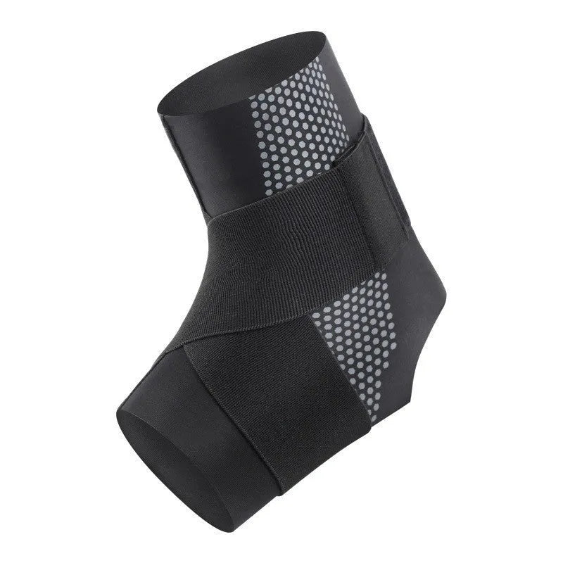 Black Lycra ankle support brace shown wrapped around an adult ankle.