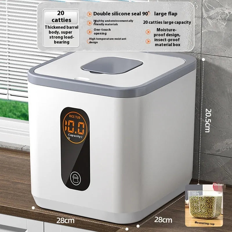 Grey plastic sealed rice storage jar with lid and measuring cup in three size options