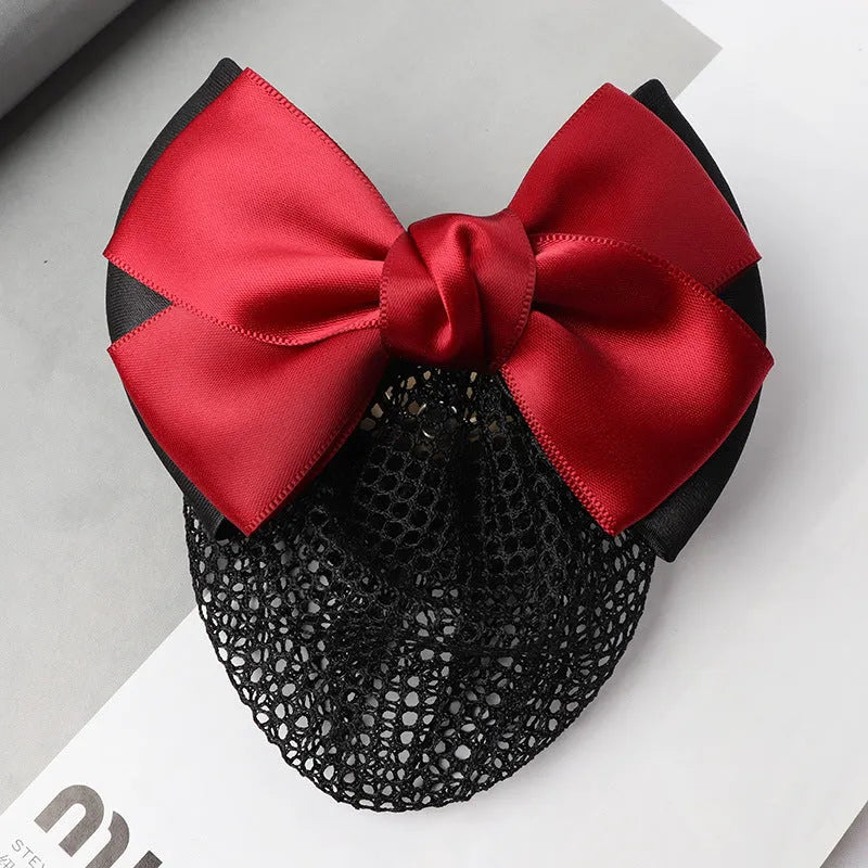 Professional waitress hair net with double bow clip in various colours including black, red, and blue mesh