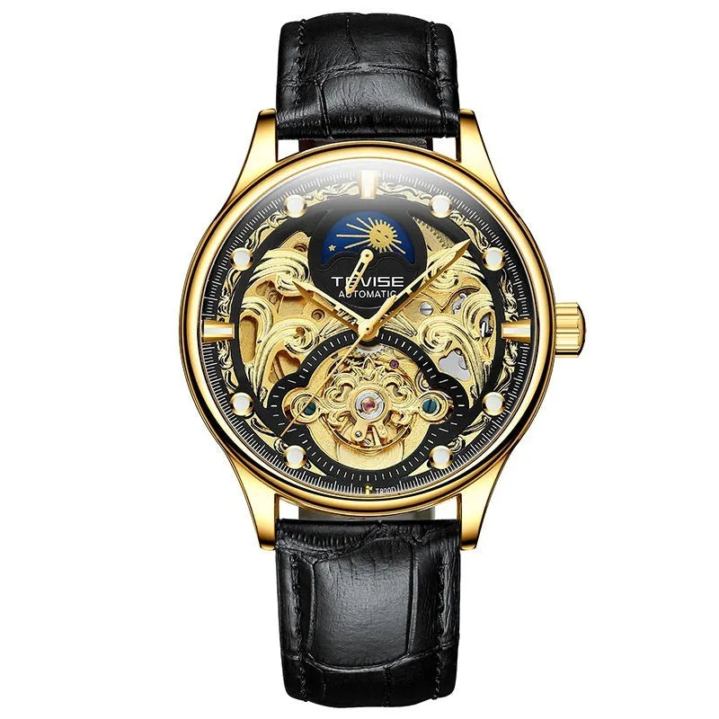 Men's gold leather strap automatic mechanical watch with 16mm waterproof case