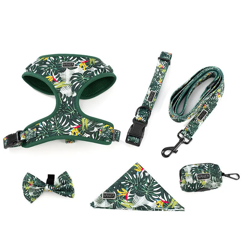 Adjustable vest pet harness set with haulage rope, collar, waste bag, bow tie and triangular bib