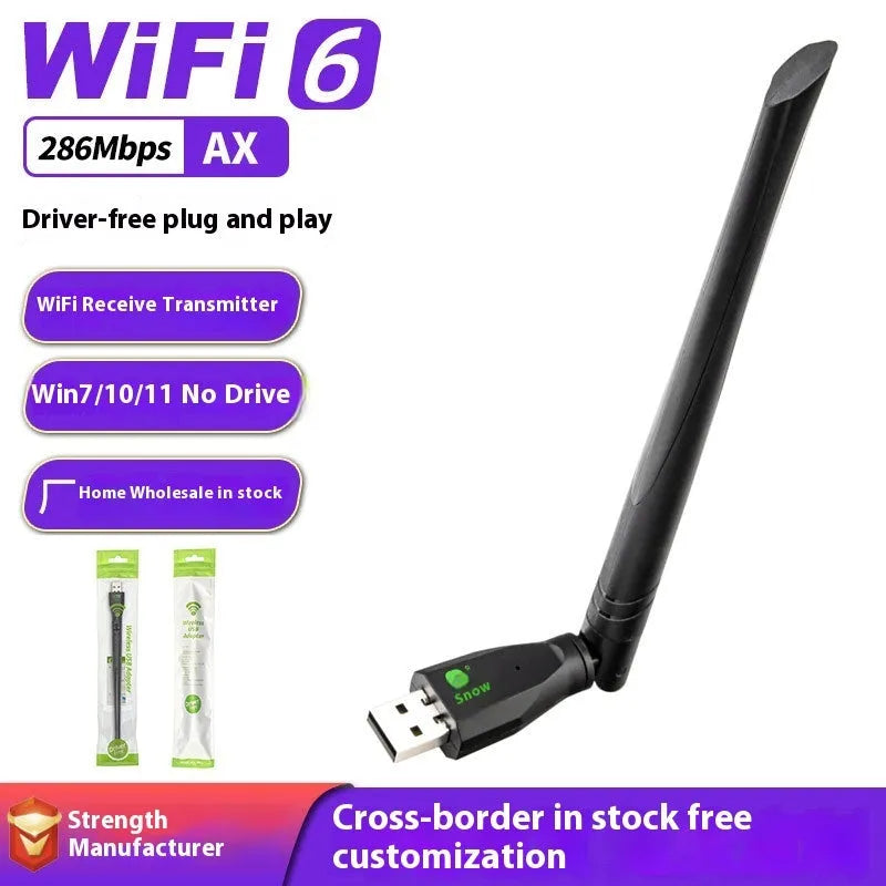 Black USB WiFi 6 wireless network adapter with driver-free installation for computers.