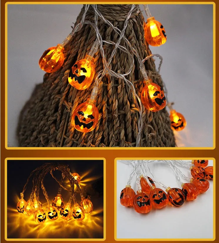 Halloween LED string lights with pumpkin, bat and ghost pendants on 1.2 metre white cable