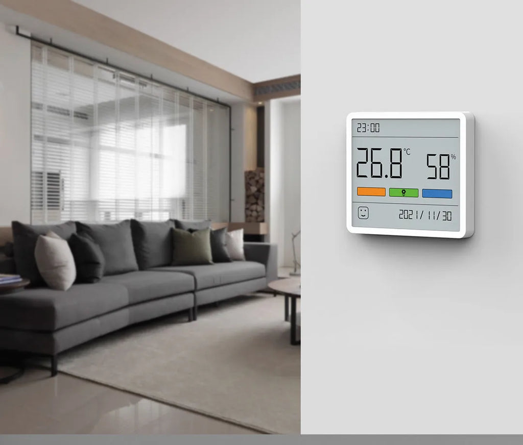Mini digital clock hygrometer with ABS body and PMMA screen, showing temperature and humidity on a white background