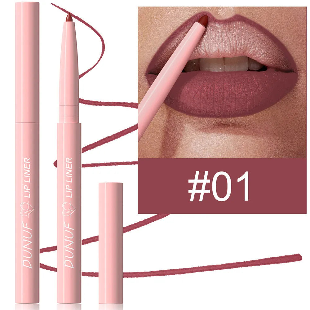 Matte velvet lip liner pencil showing 12 colour shades from nude to plum