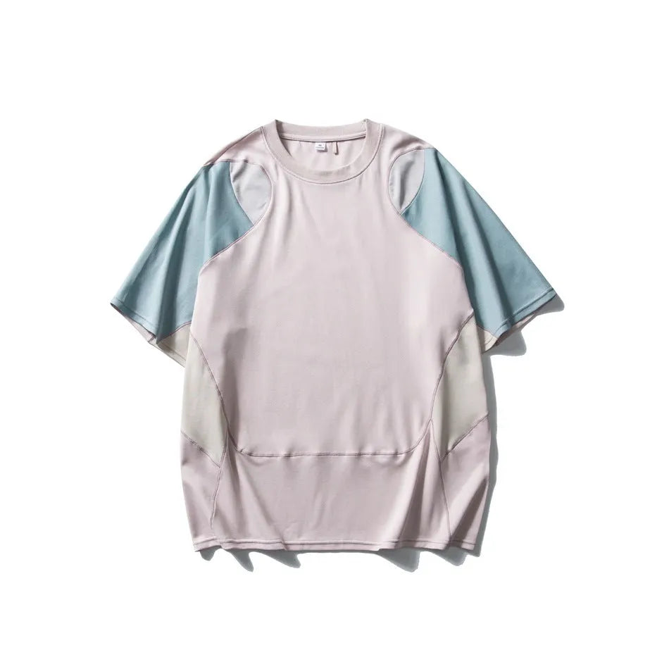 Men's loose fit patchwork contrast colour sports T-shirt with raglan sleeves