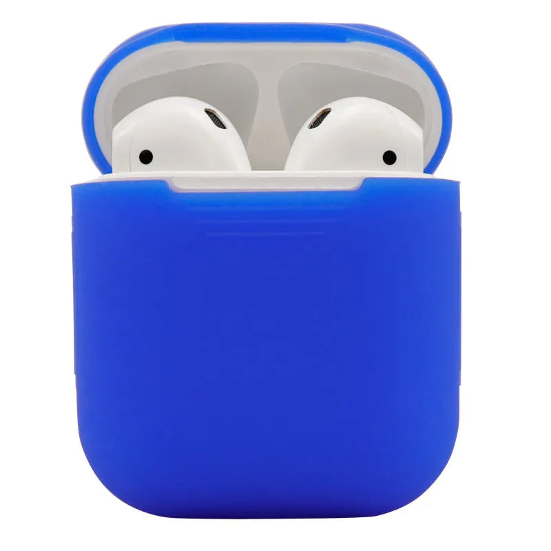 Silicone protective case for AirPods 2nd generation wireless earbuds in various colours showing 56x47x24mm dimensions