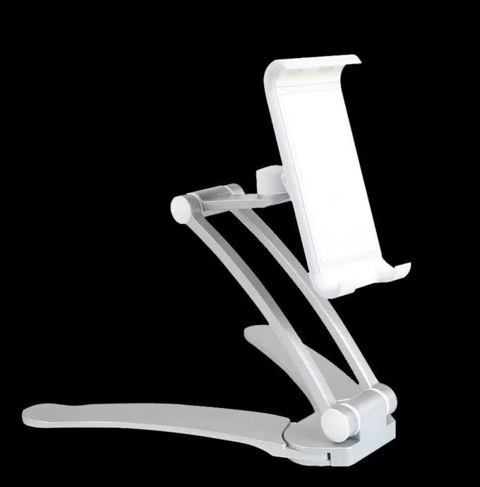 Silver aluminium alloy desktop tablet stand holding a tablet at an adjustable angle with a white mounting base.