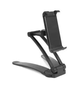 Silver aluminium alloy desktop tablet stand holding a tablet at an adjustable angle with a white mounting base.