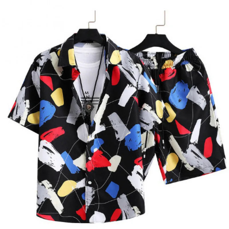 Men's short sleeve digital print suit set with matching shorts in polyester fabric