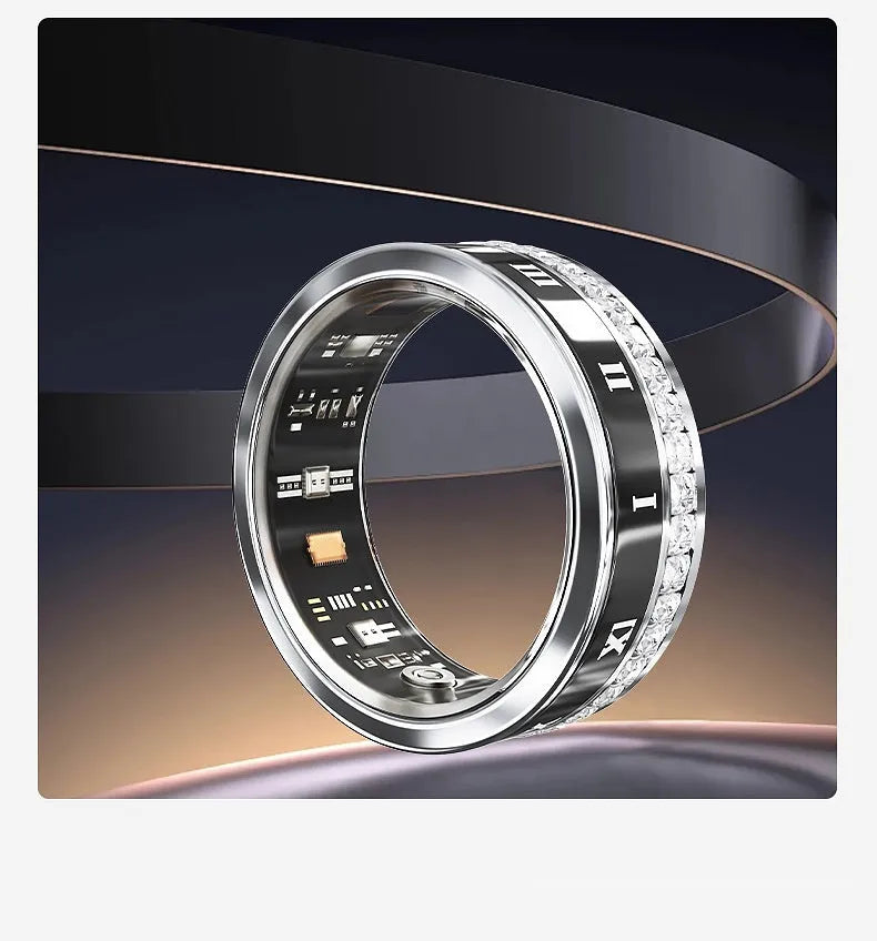 Diamond inlaid smart ring in gold or silver colour with blood oxygen monitoring feature