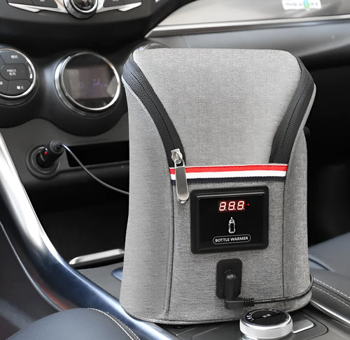 Grey Oxford cloth car USB baby bottle warmer with electronic temperature display and carry handle