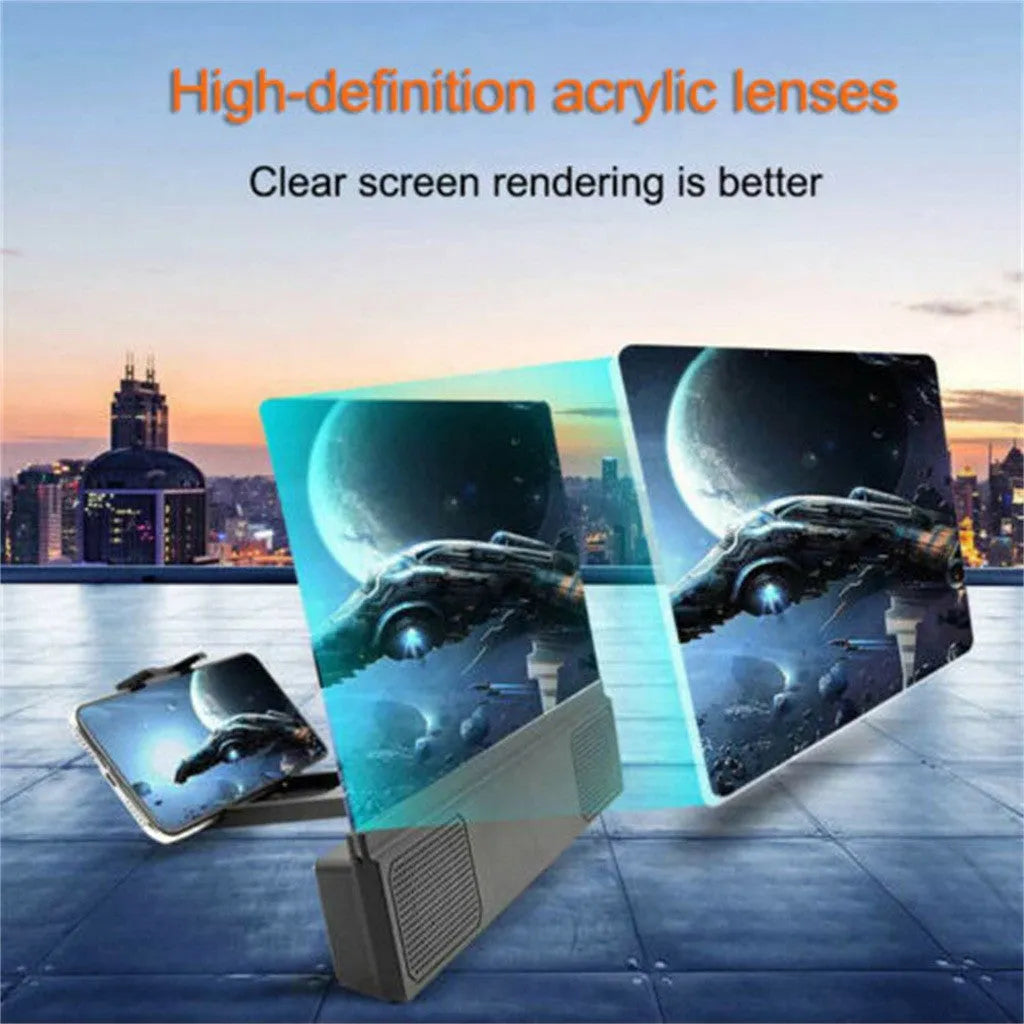 12-inch foldable mobile phone screen amplifier with audio support showing 3x magnification