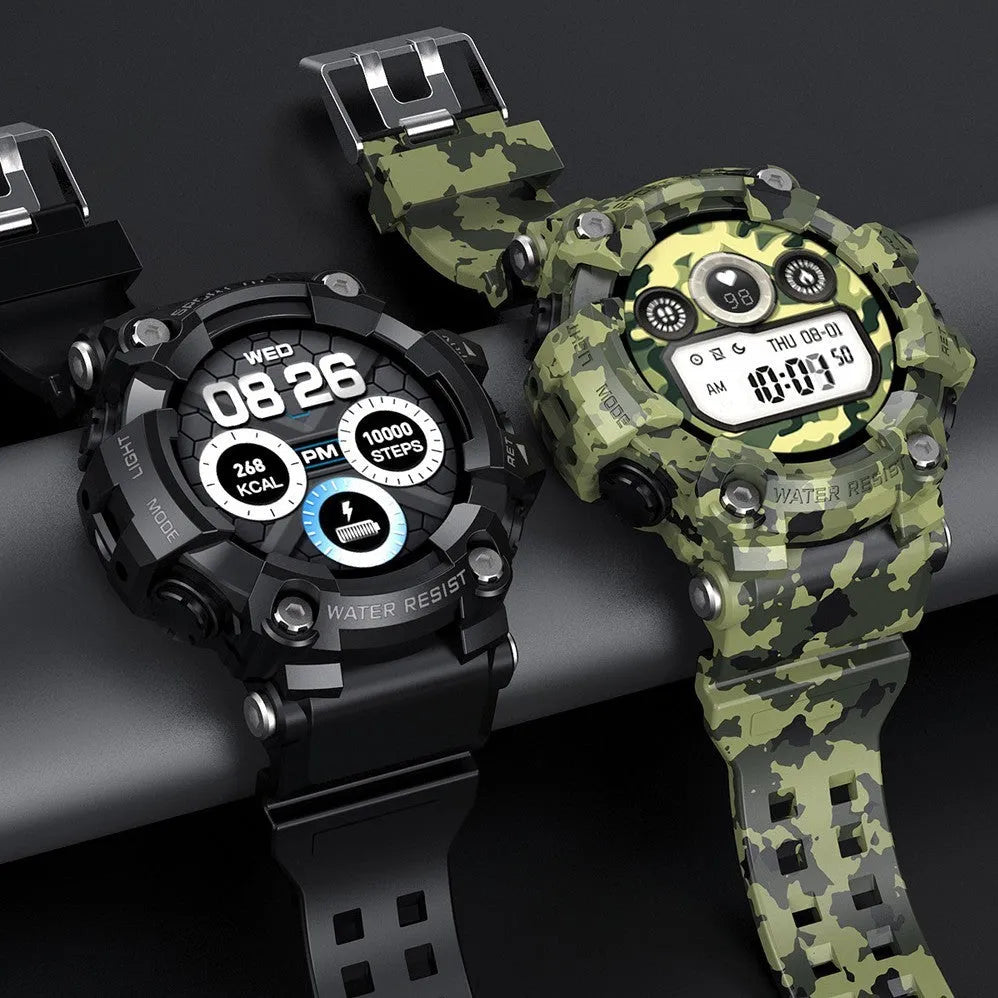 T6 Tactical Rugged Smart Watch in black or green with 1.3-inch screen and anti-sweat wristband.