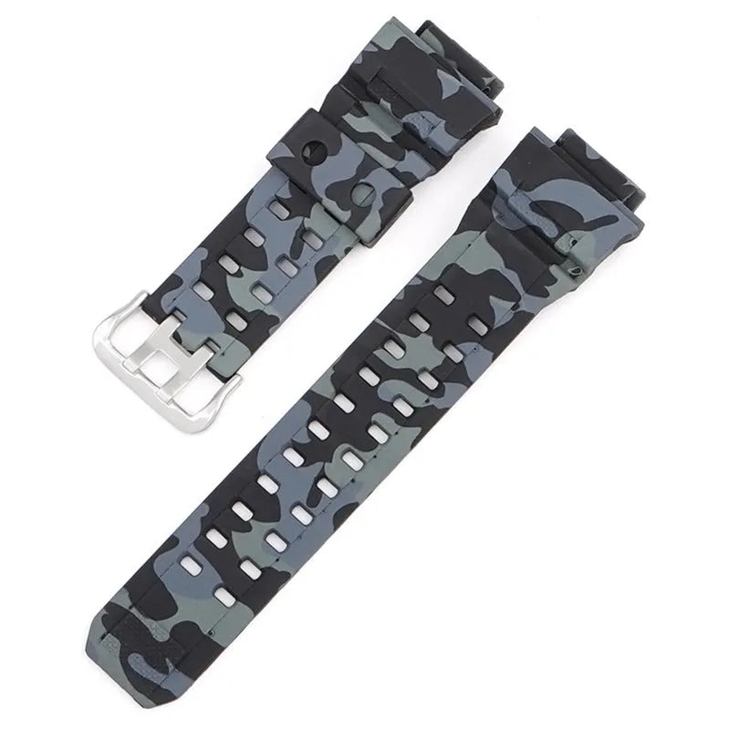 Camouflage pattern TPU watch strap with silver buckle showing 19cm length