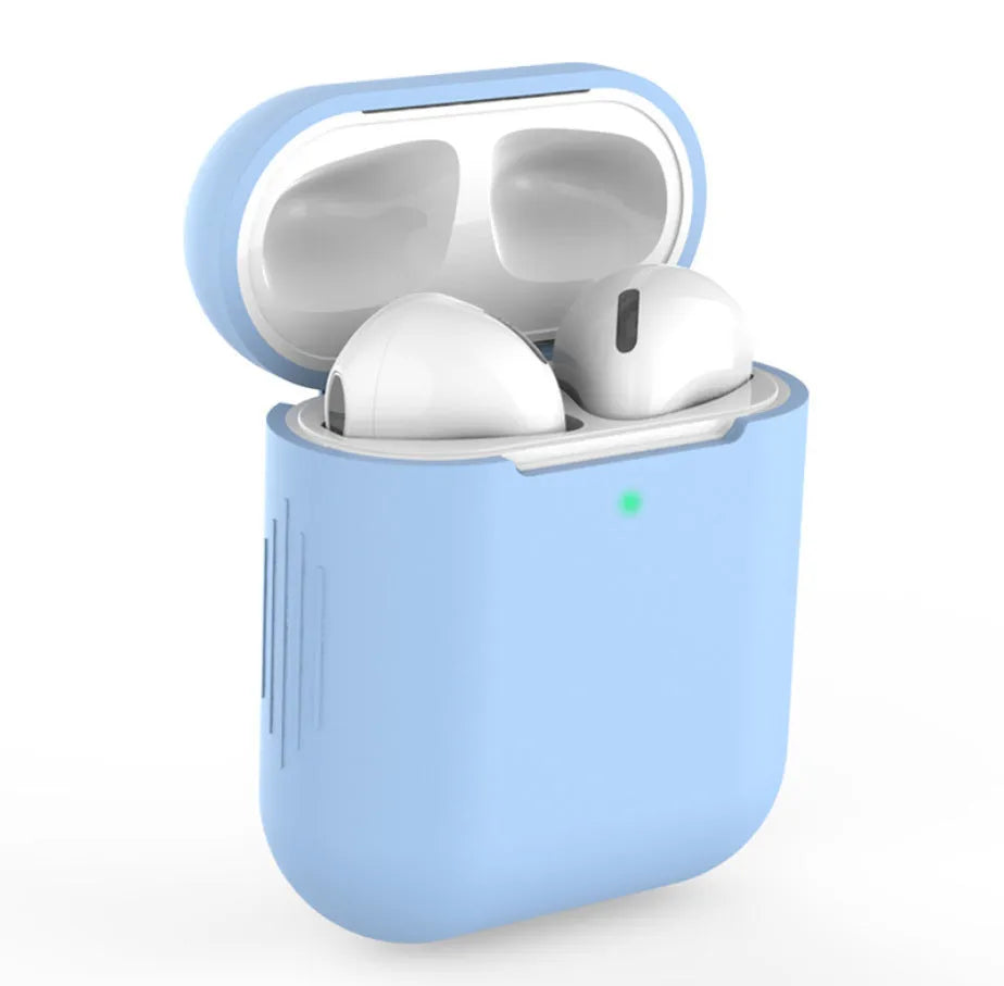 Silicone protective case for AirPods 2nd generation wireless earbuds in various colours showing 56x47x24mm dimensions