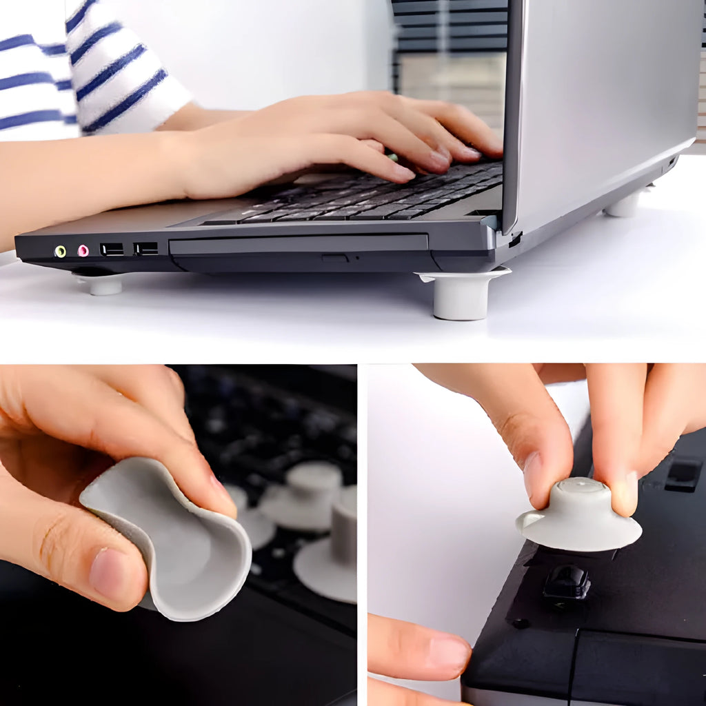 Four grey durable plastic laptop cooling pads shown in two different sizes on a table