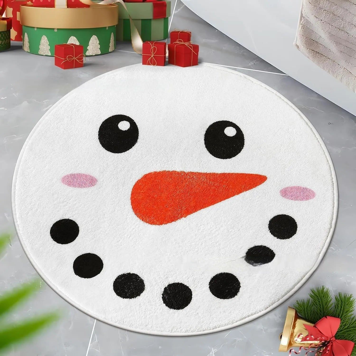 Round Christmas carpet with printed festive design in polyester fibre available in 60cm and 80cm sizes