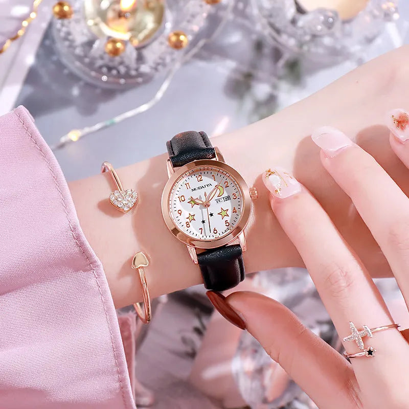 Women's quartz watch with double calendar luminous dial in pink colour
